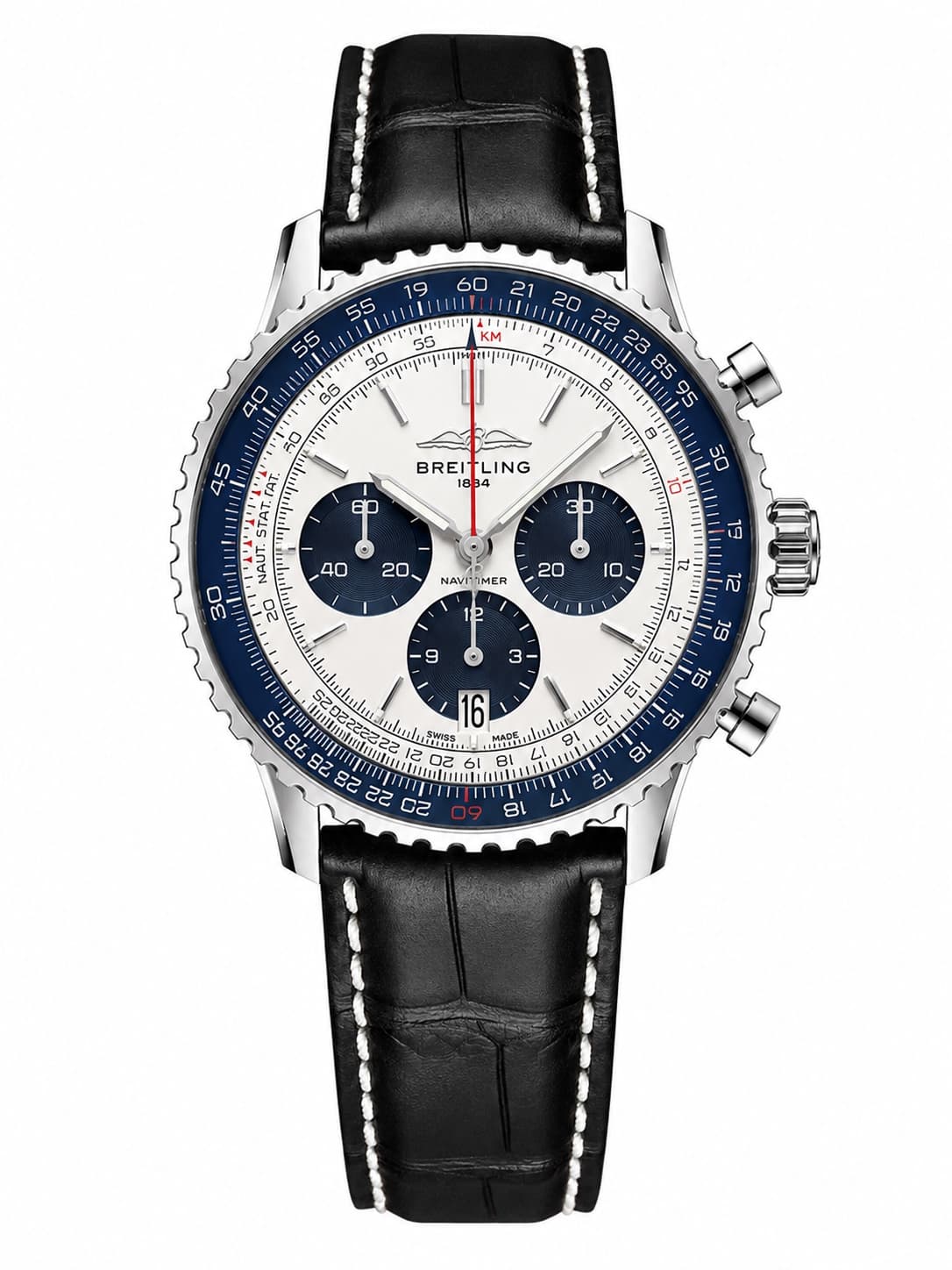 Reloj Breitling Navitimer con esfera blanca, subesferas azules y correa de cuero negra