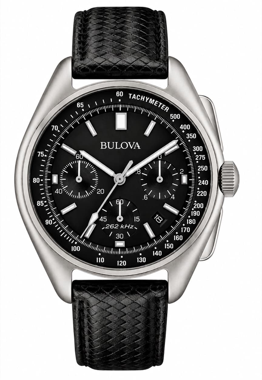 Reloj Bulova Lunar Pilot Chronograph con esfera negra, bisel taquímetro y correa de cuero negra