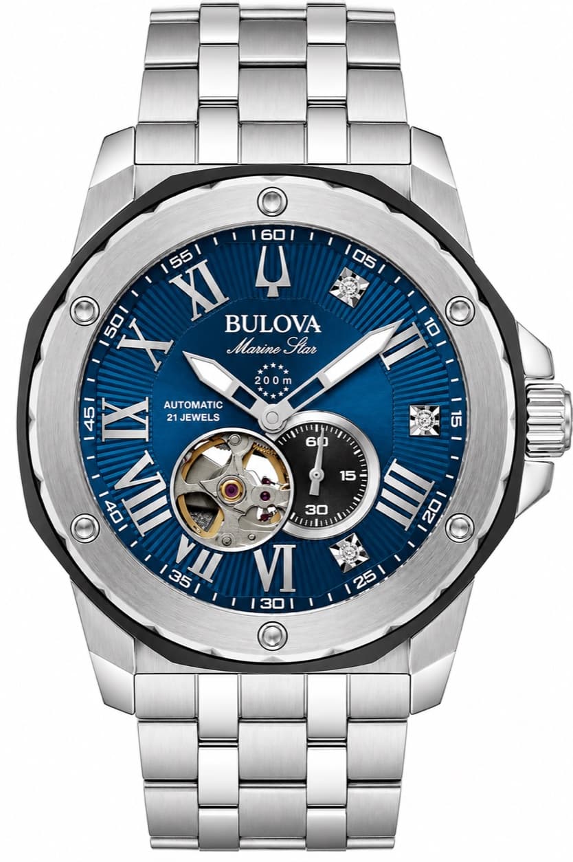 Reloj Bulova Marine Star Automatic con esfera azul, corazón visto y brazalete de acero