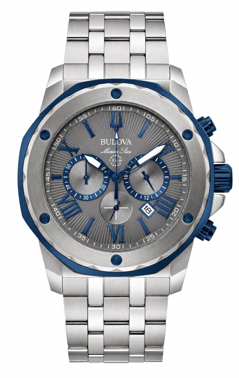 Reloj Bulova Marine Star Chronograph con esfera gris, bisel azul y brazalete de acero