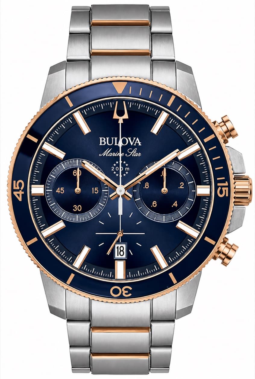 Reloj Bulova Marine Star Chronograph con esfera azul, bisel azul y brazalete bicolor en acero y oro rosa