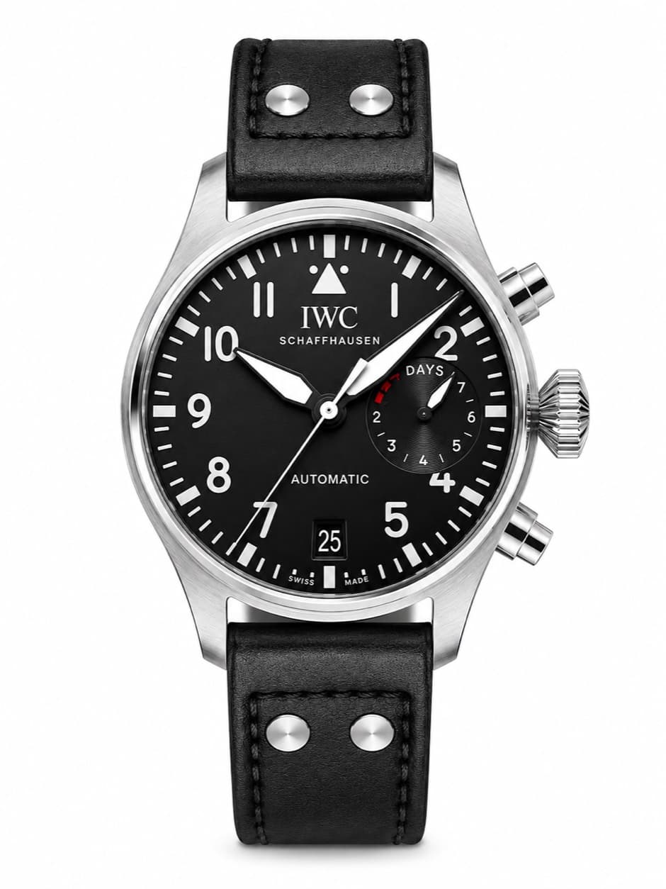 Reloj IWC Big Pilot's Watch con esfera negra y correa de cuero negra con remaches