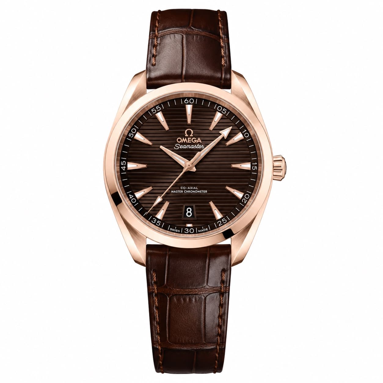 Reloj Omega Seamaster Aqua Terra café con correa de cuero y caja tono oro rosa