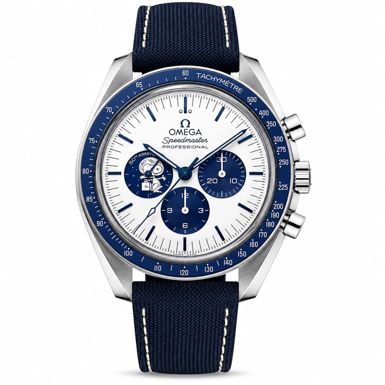 Reloj Omega Speedmaster Professional Snoopy con esfera blanca, bisel azul y correa de tela azul