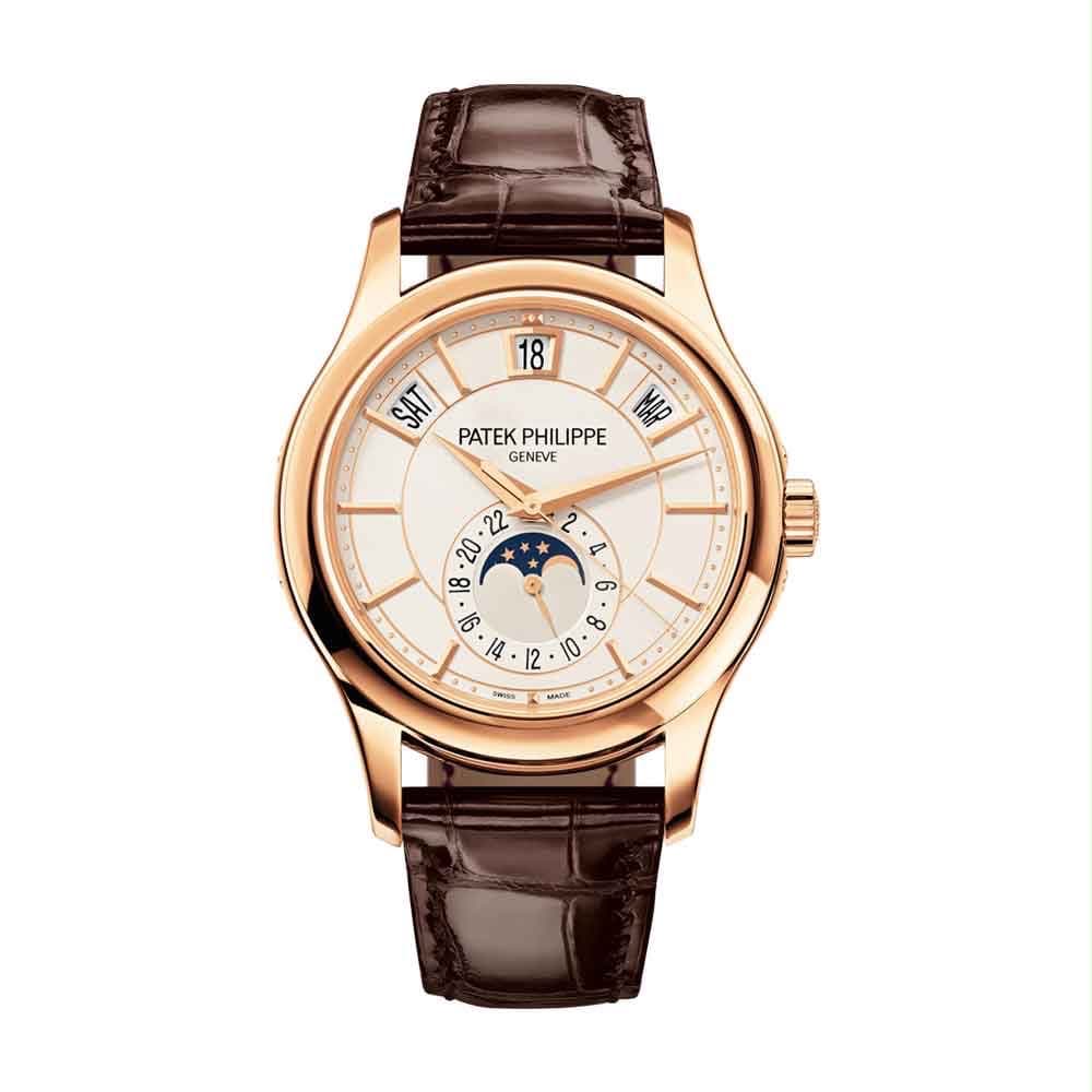 Reloj Patek Philippe Annual Calendar Moonphase con esfera crema, caja de oro rosa y correa de cuero café