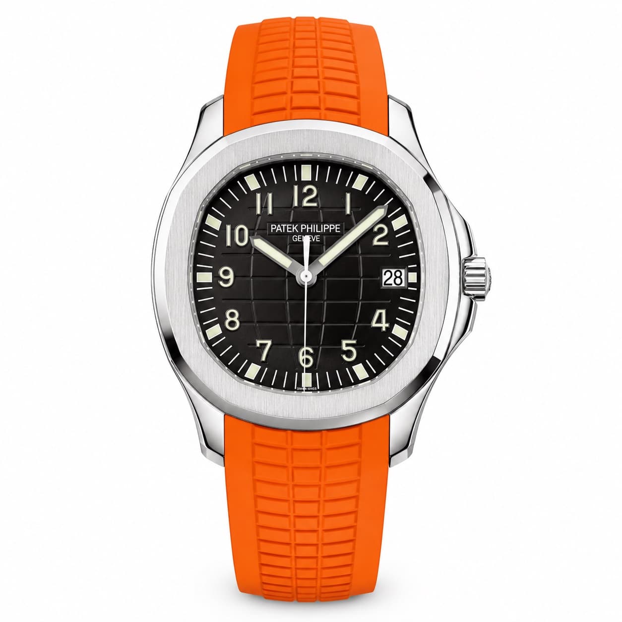 Reloj Patek Philippe Aquanaut con esfera negra y correa de caucho naranja