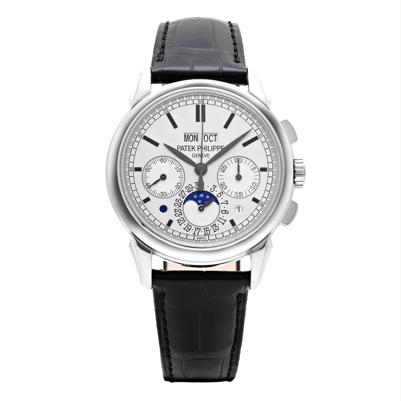 Reloj Patek Philippe Grand Complications Perpetual Calendar Chronograph con esfera blanca, caja de oro blanco y correa de cuero negra