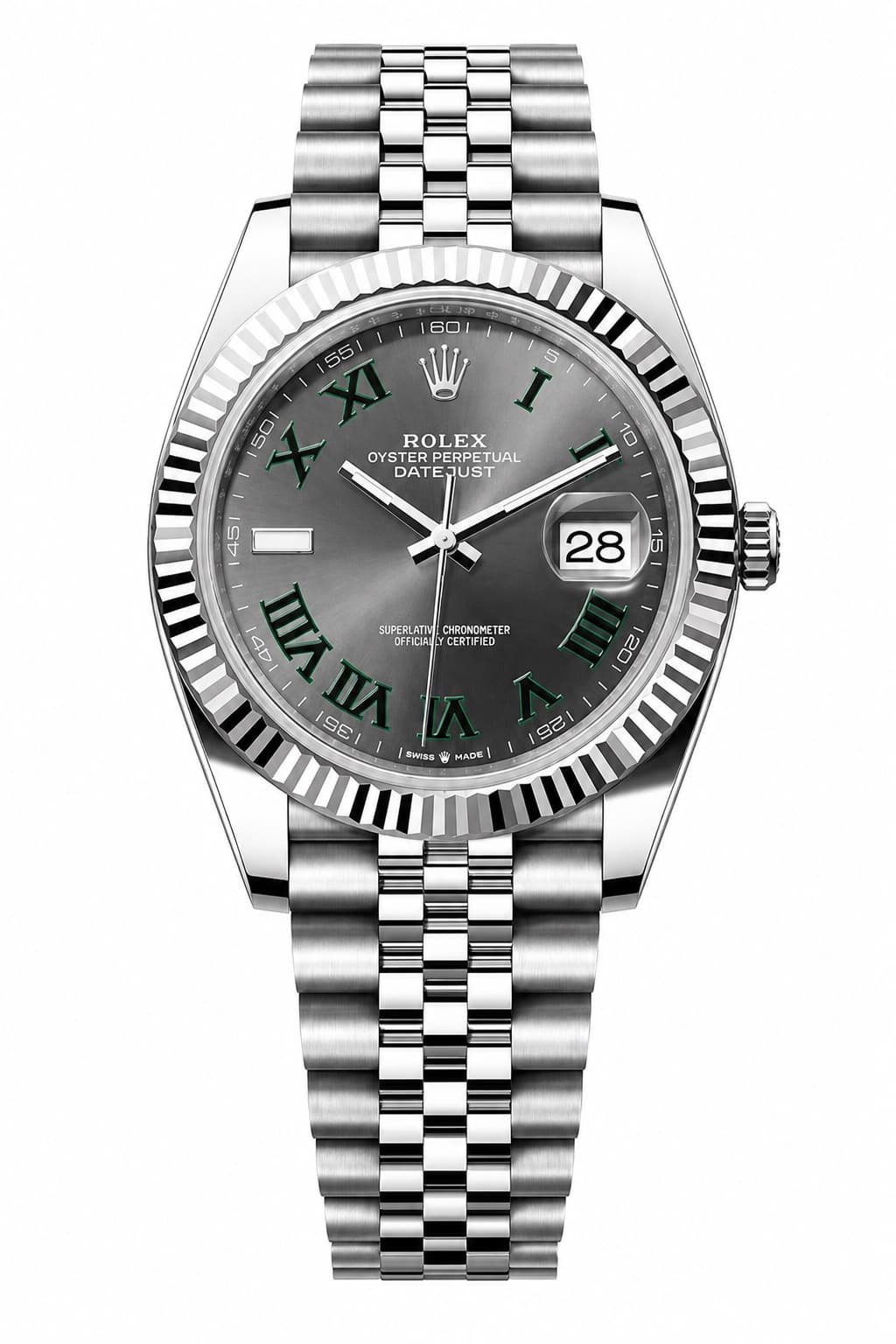 Reloj Rolex Datejust Wimbledon con esfera gris y números romanos verdes