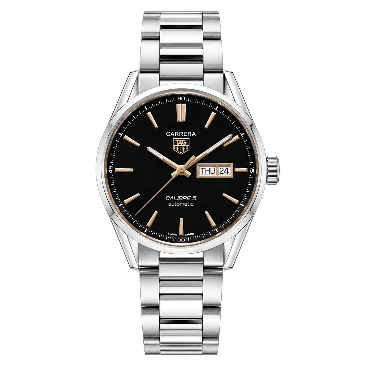 Reloj TAG Heuer Carrera Calibre 5 con esfera negra, detalles dorados y brazalete de acero