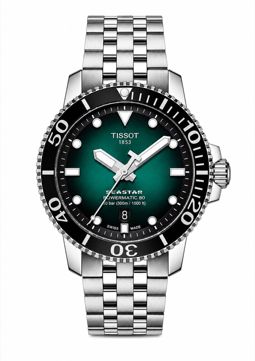 Reloj Tissot Seastar Powermatic 80 con esfera verde degradado, bisel negro y brazalete de acero